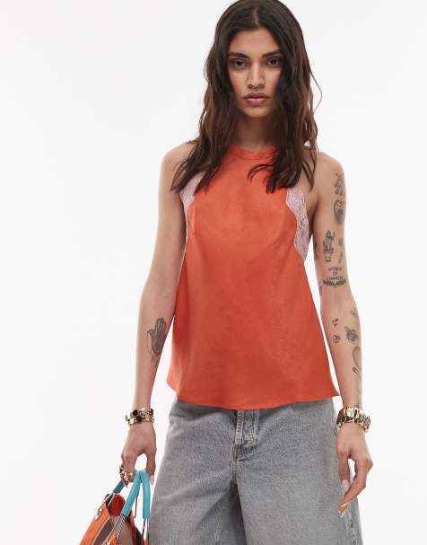 Topshop halterneck top in deep orange with pink contrast lace - view 1