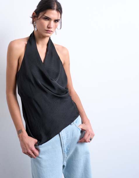 Topshop - Haltertop van satijn in zwart - view 1