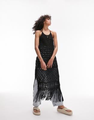 Topshop Hand Knit Macrame Dress In Black