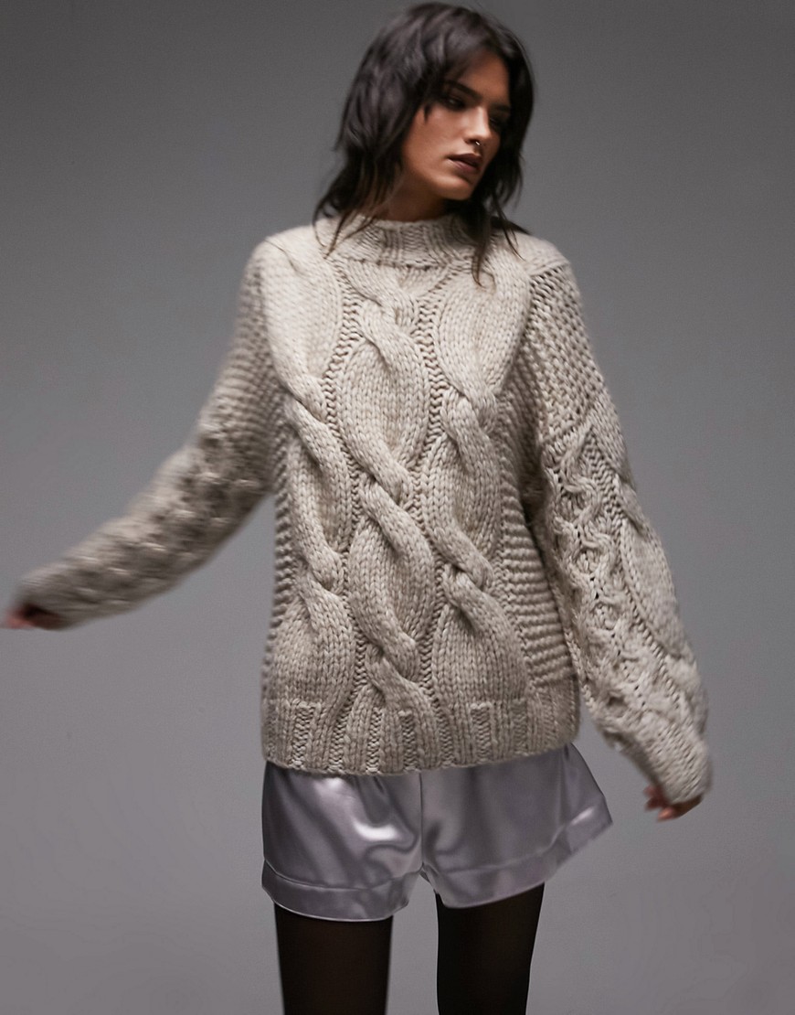 Topshop hand knitted chunky cable jumper in stone-Neutral