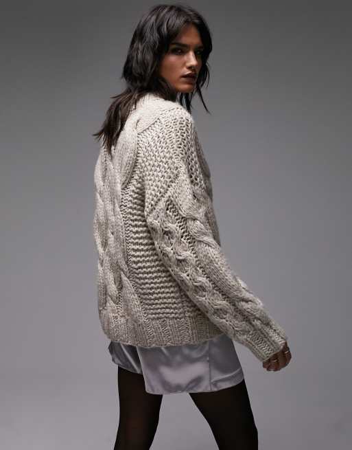 Topshop hand knitted chunky cable sweater in stone