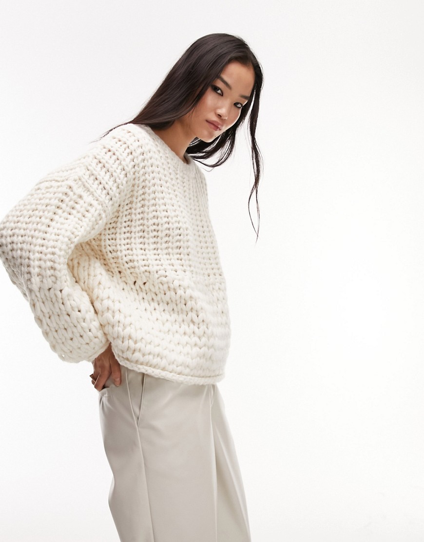 Topshop hand knitted chunky jumper in ivory-White