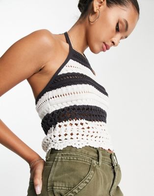 Topshop hand knitted crochet top in multi