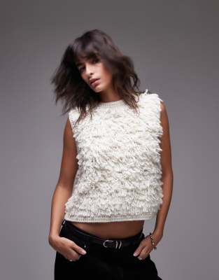 Topshop Hand Knitted Loop Vest In Ivory-white