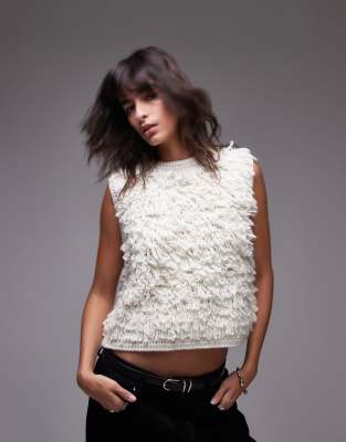 hand knitted loop vest in ivory-White