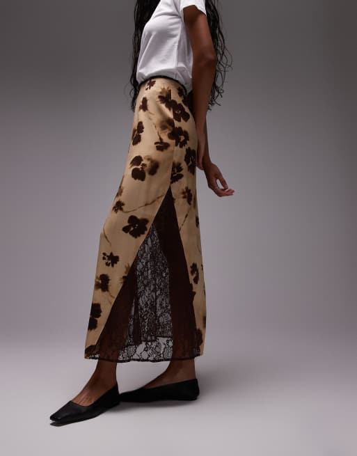 Topshop hanky hem contrast panel skirt in buttermilk and brown floral, 3 of 5