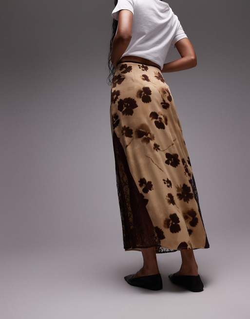Topshop hanky hem contrast panel skirt in buttermilk and brown floral, 4 of 5
