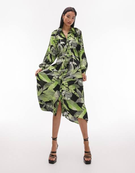 Topshop hanky hem linear floral midi shirt dress in green - view 1