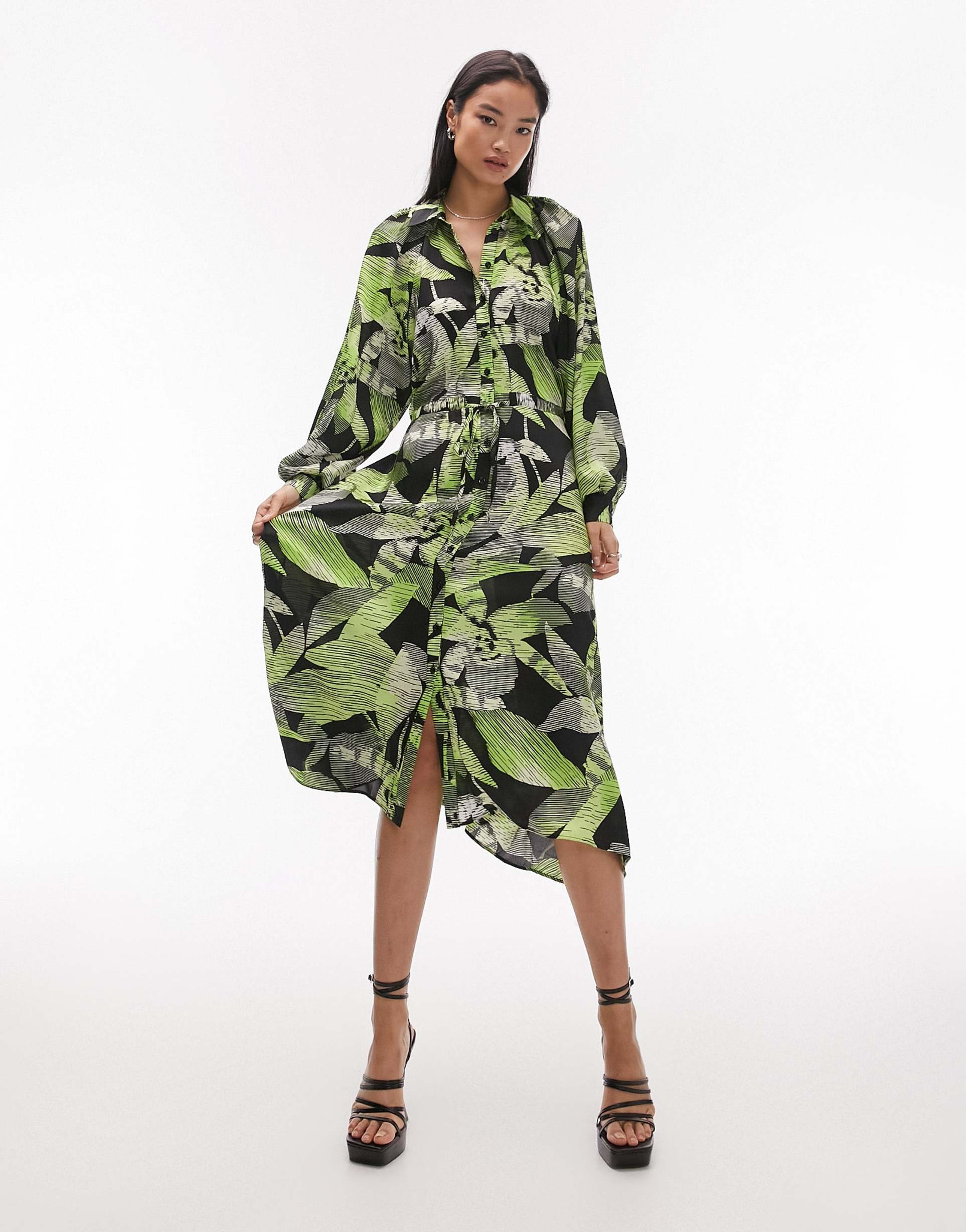 topshop hanky hem linear floral midi shirt dress in green