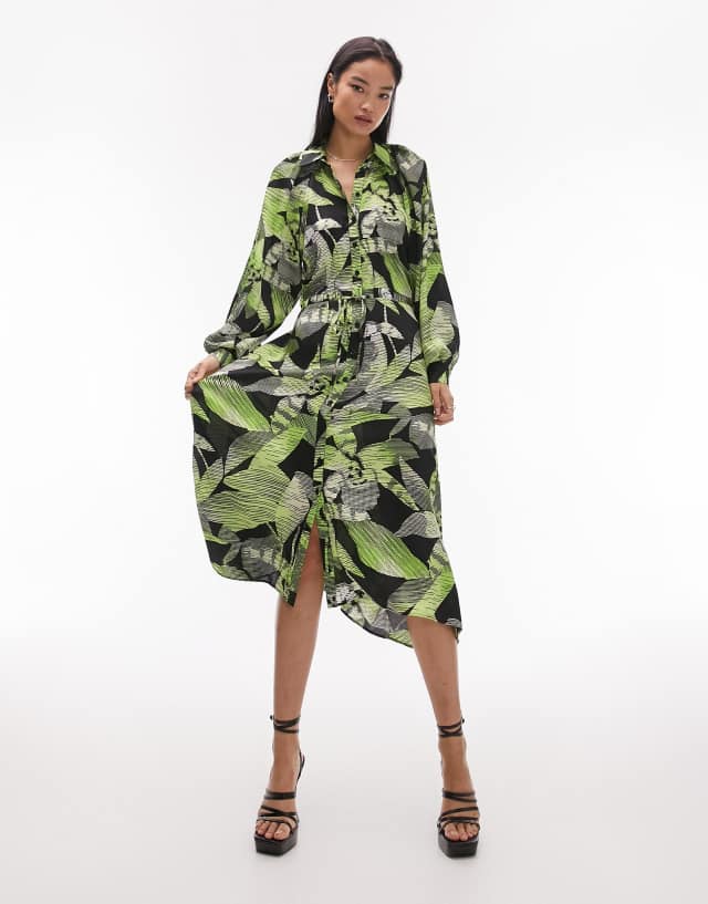 Topshop hanky hem linear floral midi shirt dress in green