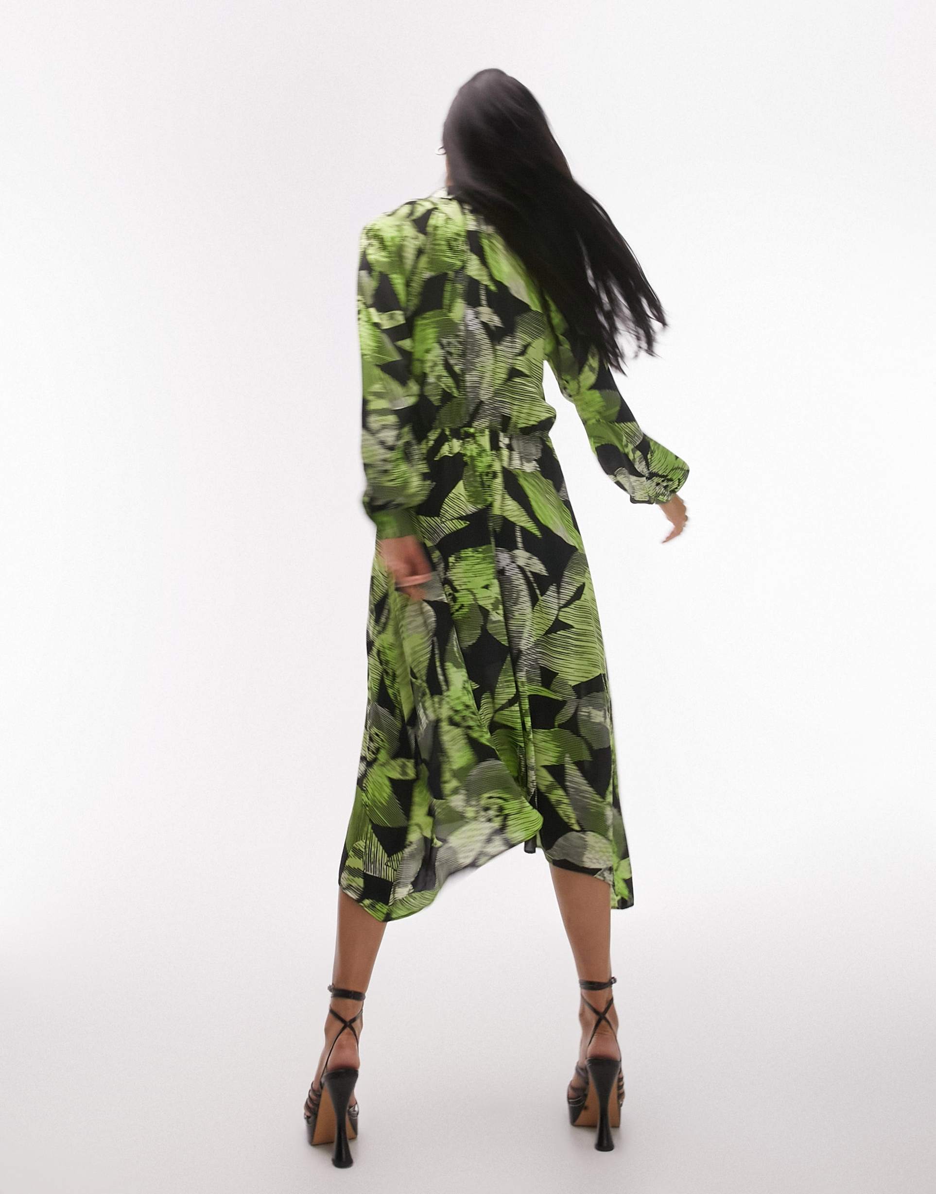 topshop hanky hem linear floral midi shirt dress in green