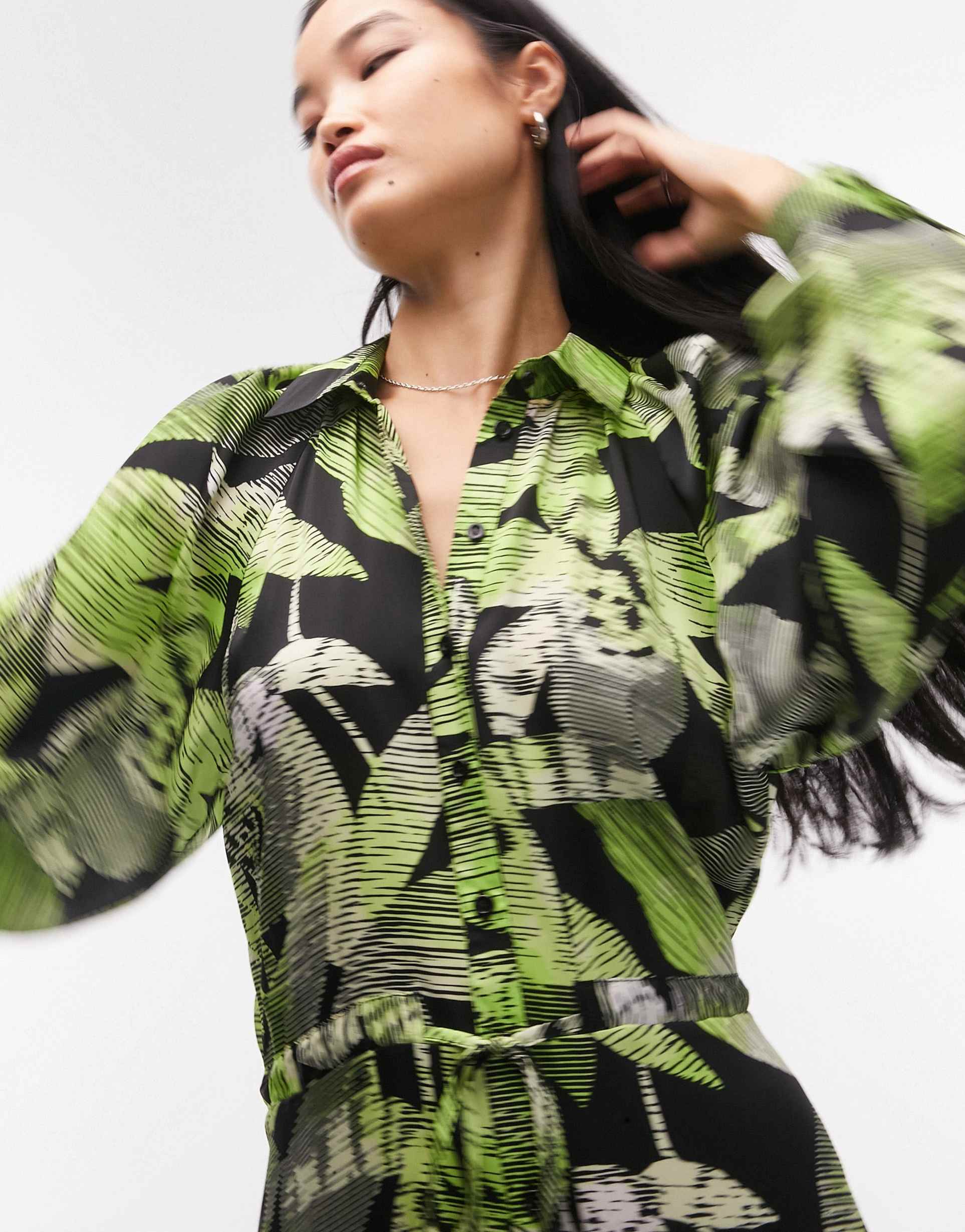 topshop hanky hem linear floral midi shirt dress in green