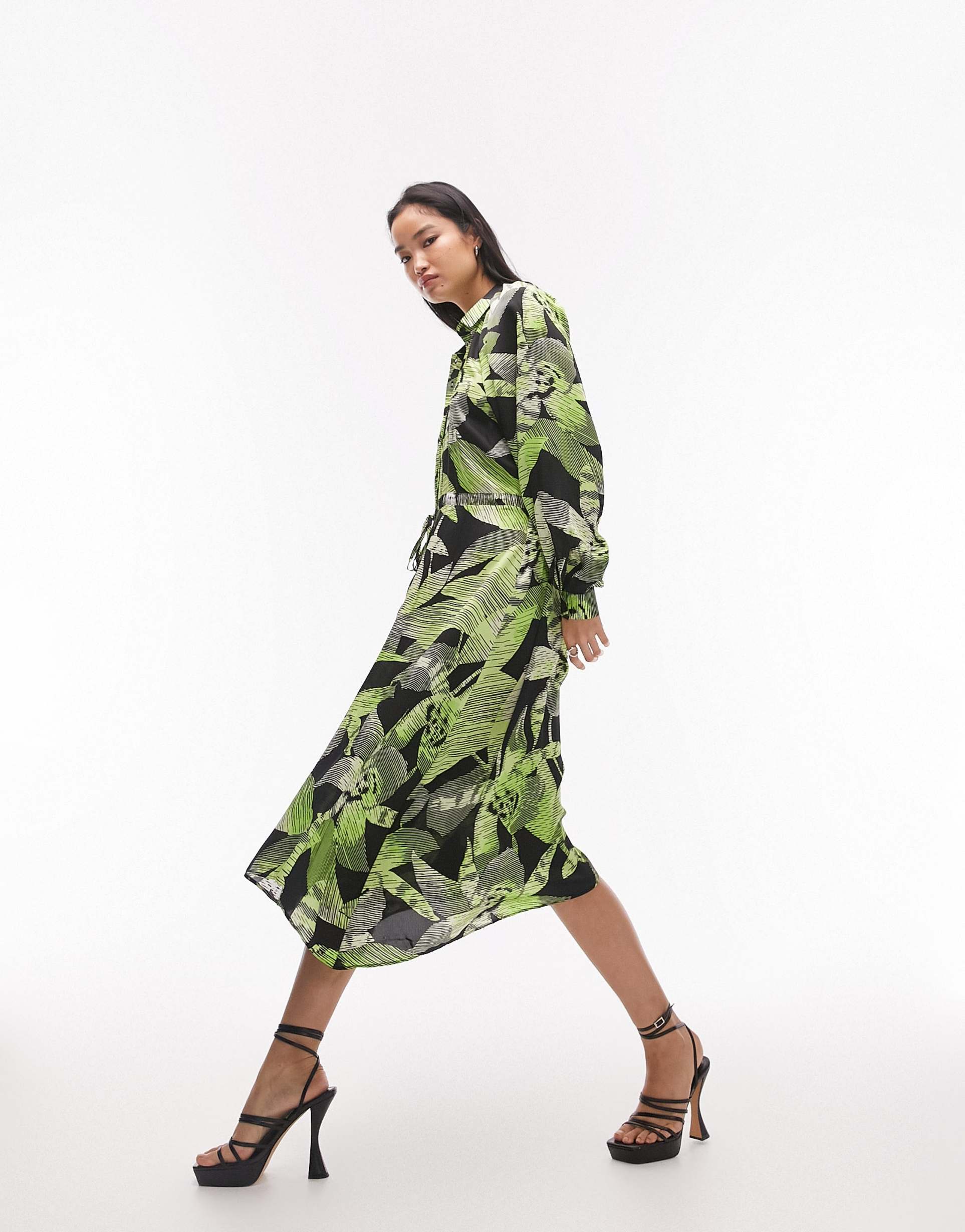 topshop hanky hem linear floral midi shirt dress in green