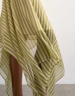 Model wearing Hanky hem mini skirt in green stripe