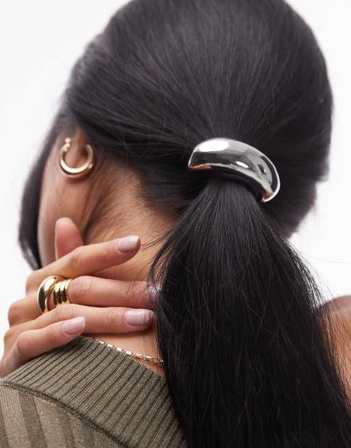 Topshop - Hannah - Elastico per capelli con decorazione a cupola grande in metallo argento, 3 di 4