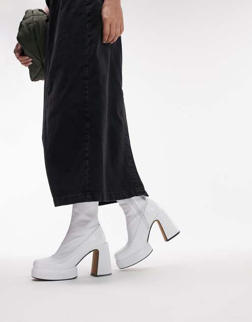 Topshop - Hannah - Enkellaarzen van premium leer met plateauzool in wit