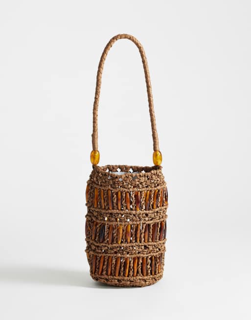Topshop - Harley - Borsa a mano in rafia marrone con perline tartarugate, 4 di 4
