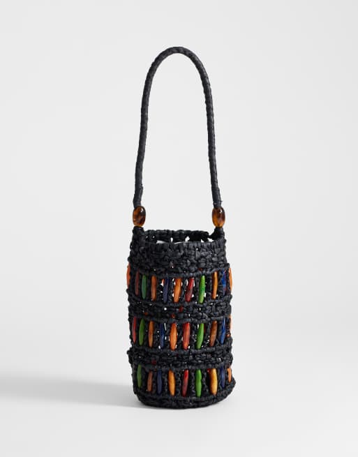 Topshop - Harley - Borsa a mano in rafia nera con perline multicolore