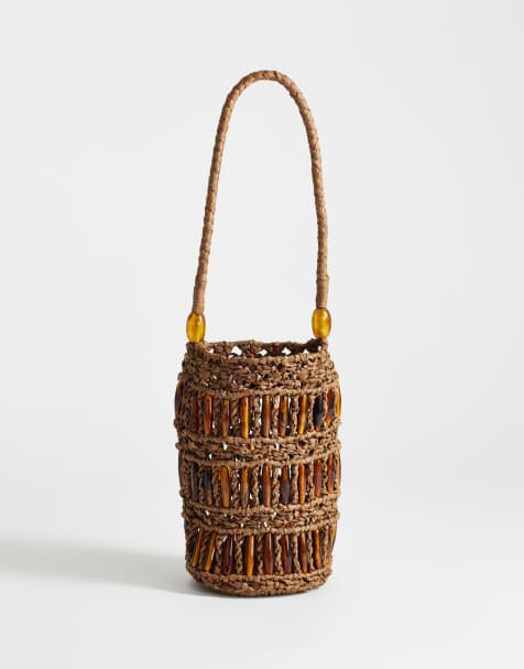 Topshop - Harley - Brun håndtaske i raffia med skildpaddefarvede perler - view 1