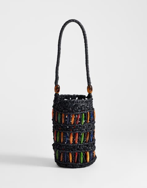 Topshop - Harley - Handtas van raffia met kralen in zwart en multi - view 1