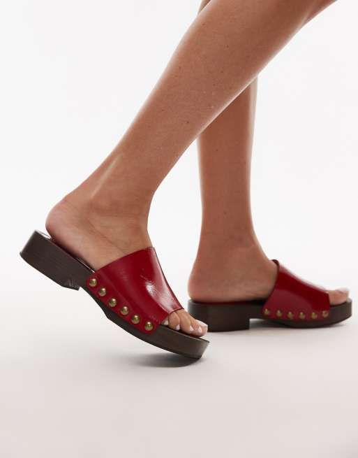 Topshop Harley premium leather wooden clogs in red, 2 of 4