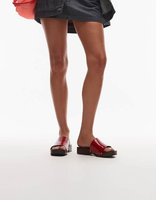 Topshop Harley premium leather wooden clogs in red, 3 of 4