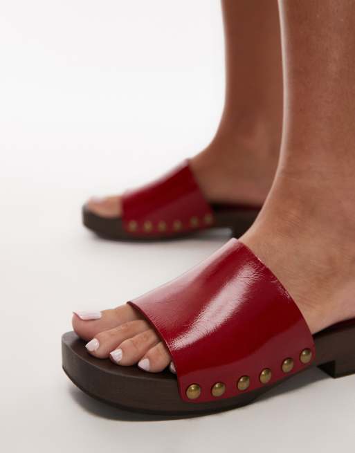 Topshop Harley premium leather wooden clogs in red ASOS