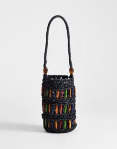 Harley raffia grab bag with beads in black & multi
