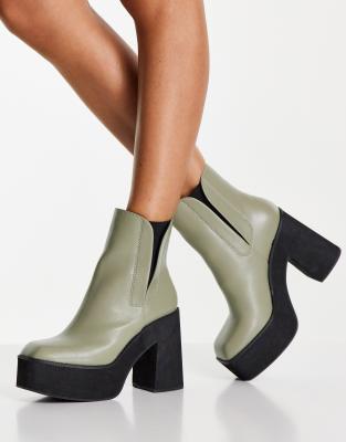 Topshop Harlow platform high heeled chelsea boot in sage