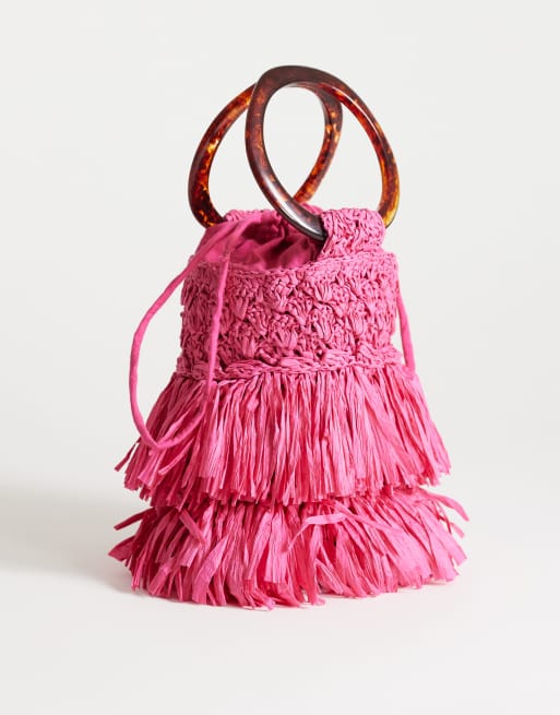 Topshop Harper petit sac cabas en paille à pompons rose, 4 de 4