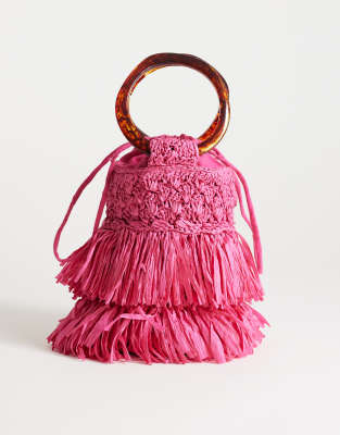 Topshop - Harper - Sac à main en paille à pampilles - Rose
