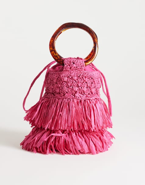 Topshop Harper small tassel straw grab bag in pink - view 1