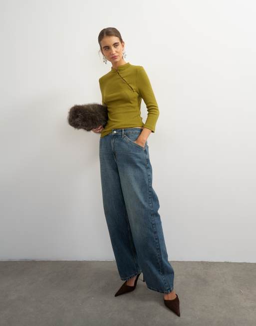 Topshop haut côtelé à demi-manches asymétrique boutonné vert mousse, 2 de 4