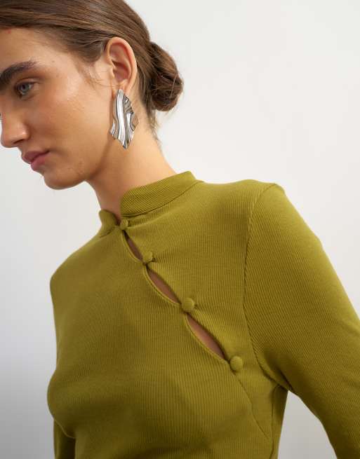 Topshop haut côtelé à demi-manches asymétrique boutonné vert mousse, 3 de 4