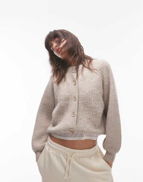 Topshop – Havrefärgad, stickad, fluffig kofta med hög v-ringning - view 1
