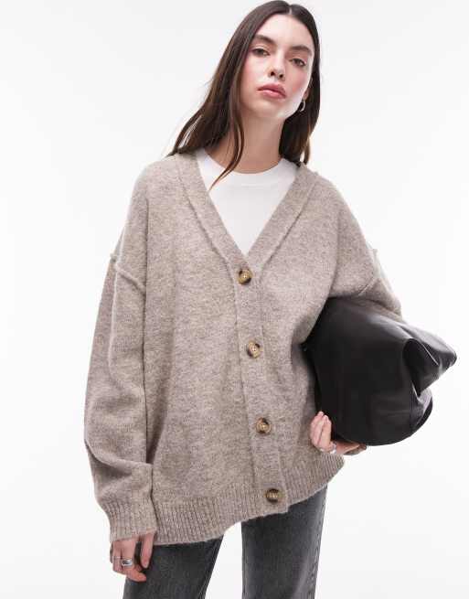 Topshop – Havrefärgad, stickad, fluffig, lång kofta