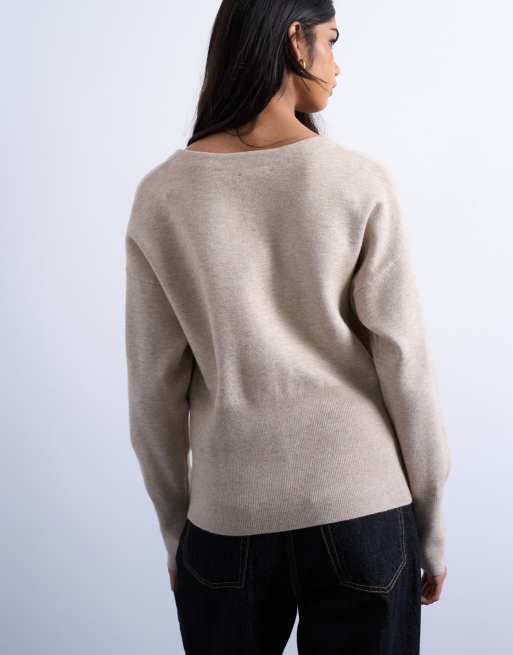 Topshop – Havrefärgad, tätstickad kofta i lång modell med v-ringning och figurnära midja, 4 av 4
