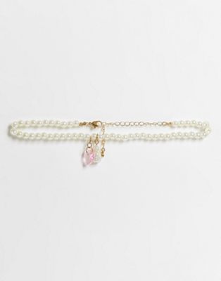 Topshop heart and faux pearl charm choker necklace in white