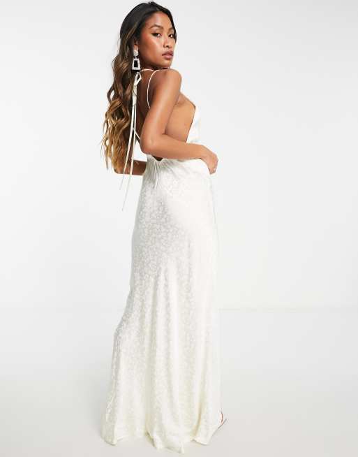 Close to Your Heart White Satin Jacquard Cowl Slip Dress