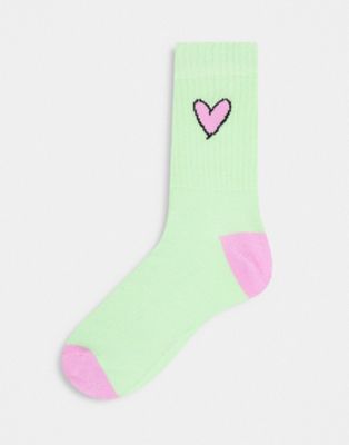 Topshop heart print sock in green