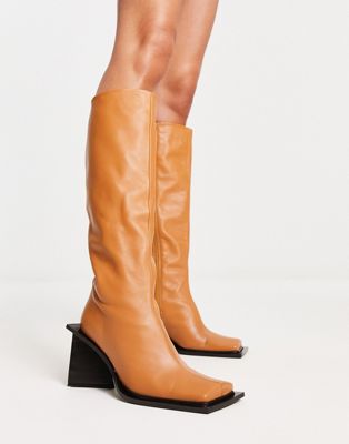 Topshop Heather premium leather under the knee boot in camel