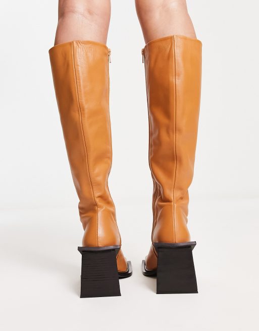 Topshop Heather premium leather under the knee boot in camel, 2 of 4