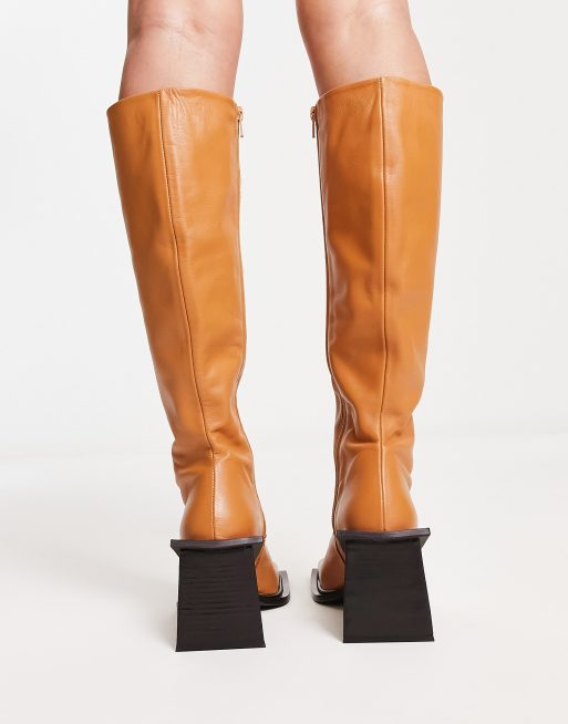 Topshop Heather premium leather under the knee boots in camel