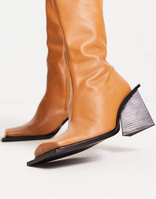 Topshop Heather premium leather under the knee boots in camel, 3 of 4