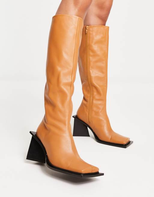 Topshop Heather premium leather under the knee boots in camel, 4 of 4