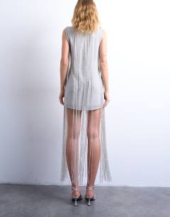 Model wearing Heavy beaded fringe mini dress in silver