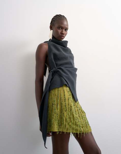 Topshop heavy beaded mini skirt in green - view 1