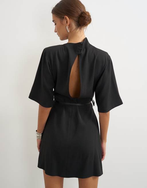 Topshop heavy crepe asymmetric neck structured shoulder pad mini dress with belt in black, 4 of 4