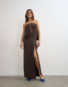 Model wearing Heavy crepe fold over bandeau maxi dress with tassel detail in chocolate