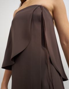 Model wearing Heavy crepe fold over bandeau maxi dress with tassel detail in chocolate